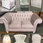 Mobiliario infantil en tonos rosa y beige, con texturas suaves y aterciopeladas que crean un ambiente dulce y acogedor